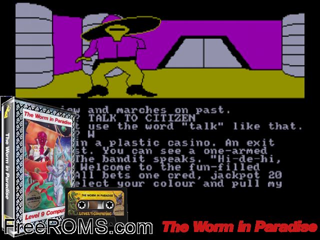 Worm in Paradise, The (UK) (1985) Amstrad CPC game showing 3D box cover and gameplay screenshot