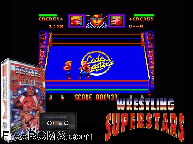 Wrestling Superstars (UK) (1992) Amstrad CPC game showing 3D box cover and gameplay screenshot