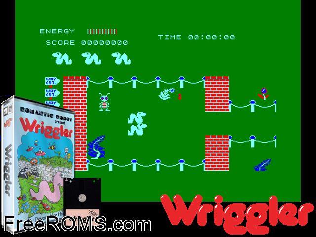 Wriggler (UK) (1986) Amstrad CPC game showing 3D box cover and gameplay screenshot