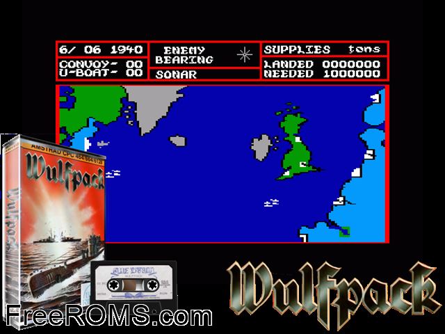 Wulfpack (UK) (1988) Amstrad CPC game showing 3D box cover and gameplay screenshot