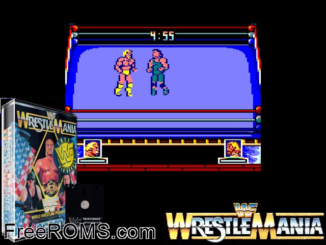 WWF Wrestlemania (UK) (1991) Amstrad CPC game showing 3D box cover and gameplay screenshot