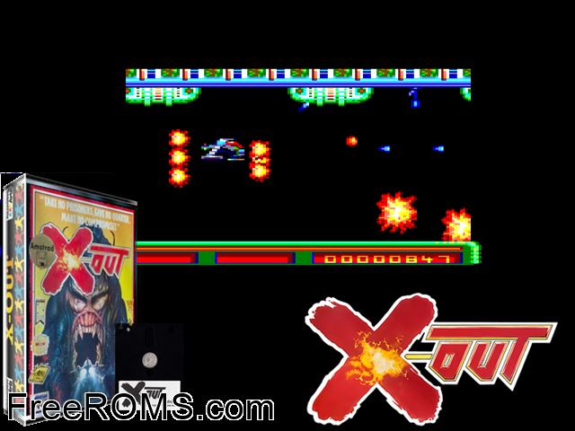 X-Out (UK) (1989) Amstrad CPC game showing 3D box cover and gameplay screenshot