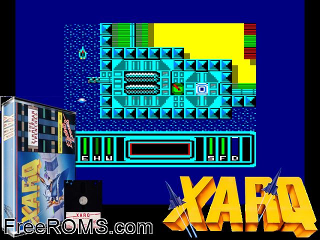 Xarq (UK) (1986) Amstrad CPC game showing 3D box cover and gameplay screenshot