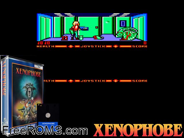 Xenophobe (UK) (1989) Amstrad CPC game showing 3D box cover and gameplay screenshot