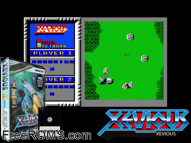 Xevious (UK) (1986) Amstrad CPC game showing 3D box cover and gameplay screenshot