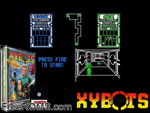 Xybots (UK) (1989) Amstrad CPC game showing 3D box cover and gameplay screenshot