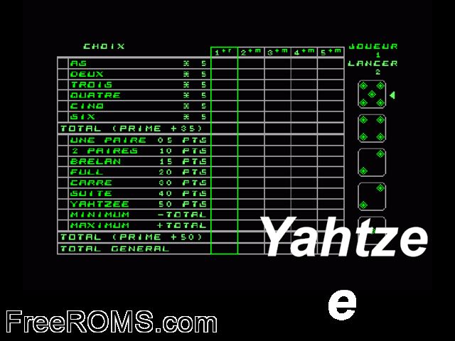 Yahtzee (UK) (19xx) Amstrad CPC game showing 3D box cover and gameplay screenshot