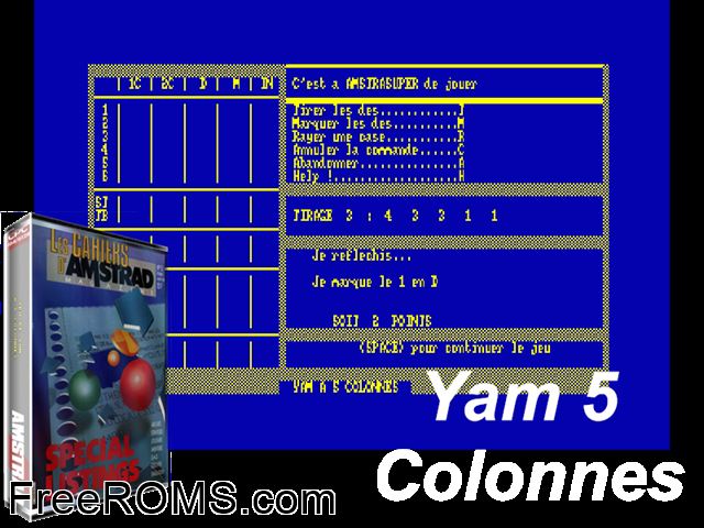 Yam 5 Colonnes (F) (19xx) Amstrad CPC game showing 3D box cover and gameplay screenshot
