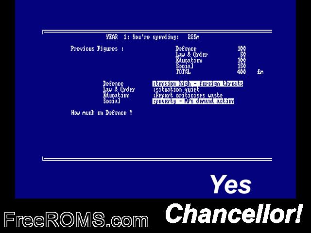 Yes Chancellor (UK) (1987) Amstrad CPC game showing 3D box cover and gameplay screenshot