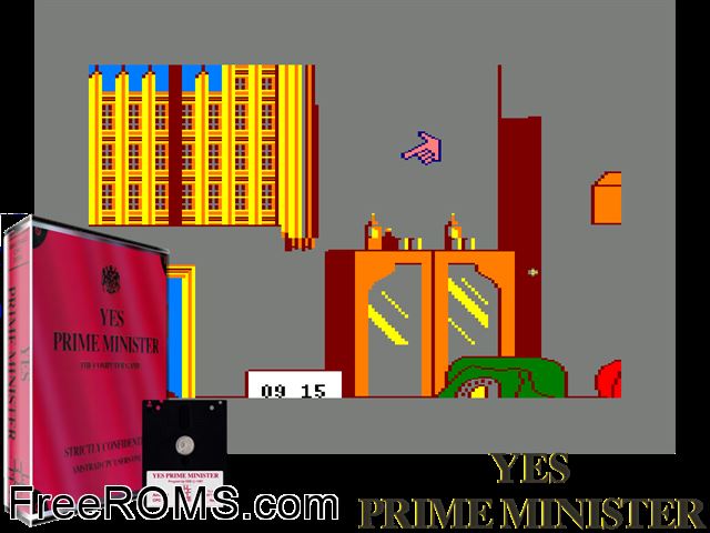 Yes Prime Minister (UK) (1991) Amstrad CPC game showing 3D box cover and gameplay screenshot