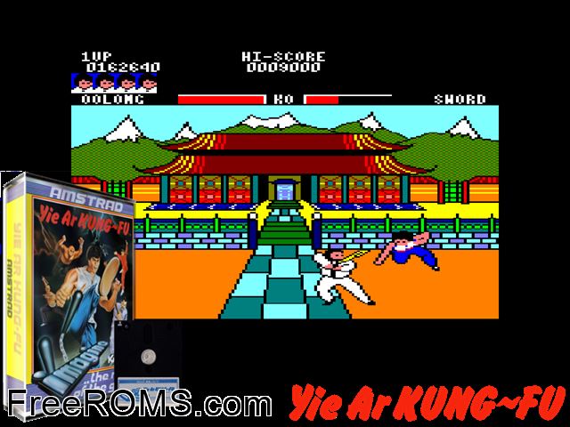 Yie Ar Kung Fu (UK) (1985) Amstrad CPC game showing 3D box cover and gameplay screenshot