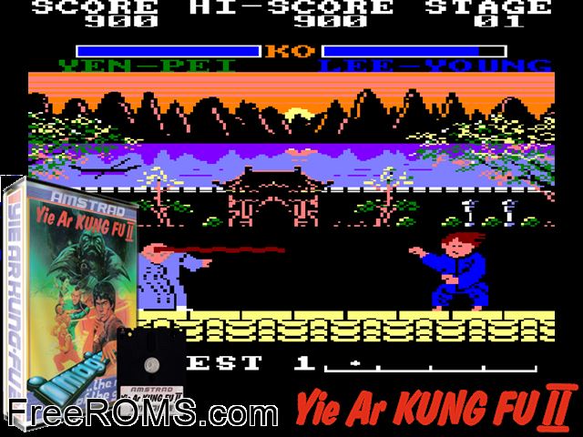 Yie Ar Kung Fu 2 (UK) (1986) Amstrad CPC game showing 3D box cover and gameplay screenshot