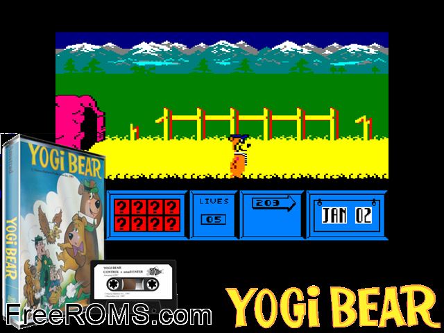 Yogi Bear (UK) (1987) Amstrad CPC game showing 3D box cover and gameplay screenshot