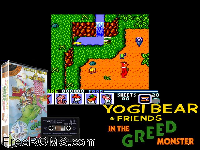 Yogi Bear and Friends in Greed Monster (UK) (1990) Amstrad CPC game showing 3D box cover and gameplay screenshot