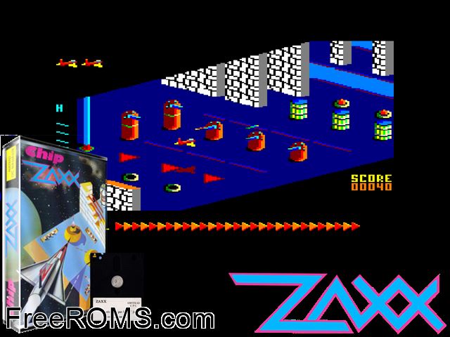Zaxx (F) (1986) Amstrad CPC game showing 3D box cover and gameplay screenshot