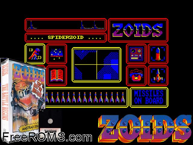 Zoids (UK) (1986) Amstrad CPC game showing 3D box cover and gameplay screenshot