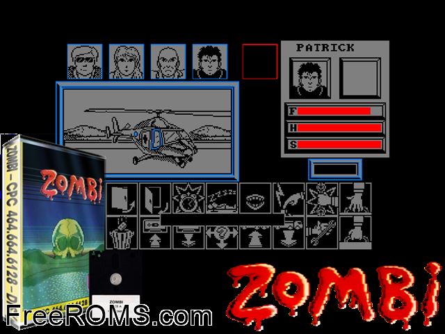 Zombi (128K) (F) (1986) (Disk 2 of 2) Amstrad CPC game showing 3D box cover and gameplay screenshot