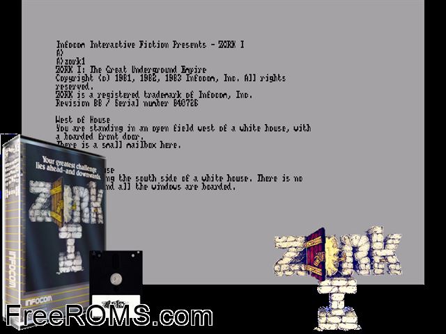 Zork 1 (UK) (1983) Amstrad CPC game showing 3D box cover and gameplay screenshot