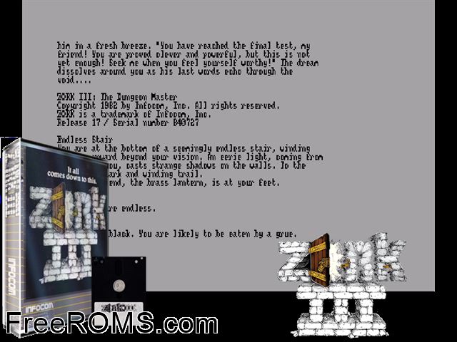 Zork 3 (UK) (1983) Amstrad CPC game showing 3D box cover and gameplay screenshot