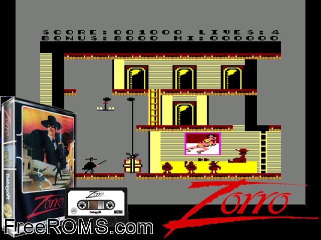 Zorro (UK) (1985) Amstrad CPC game showing 3D box cover and gameplay screenshot