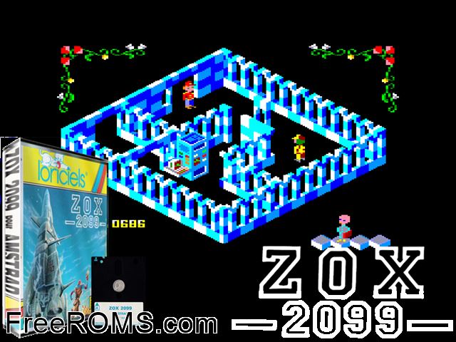 Zox 2099 (F) (1987) Amstrad CPC game showing 3D box cover and gameplay screenshot