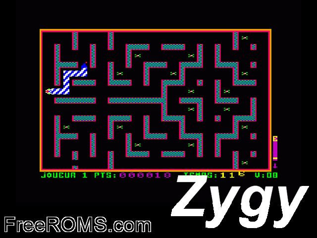 Zygy (F) (1986) Amstrad CPC game showing 3D box cover and gameplay screenshot