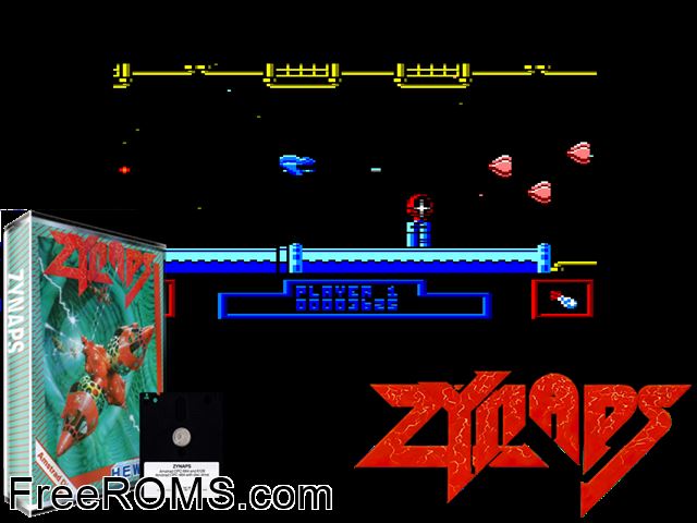 Zynaps (UK) (1987) Amstrad CPC game showing 3D box cover and gameplay screenshot