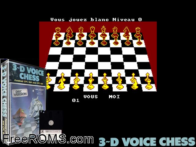 ZZZ_UNK_3DVCHESS Amstrad CPC game showing 3D box cover and gameplay screenshot
