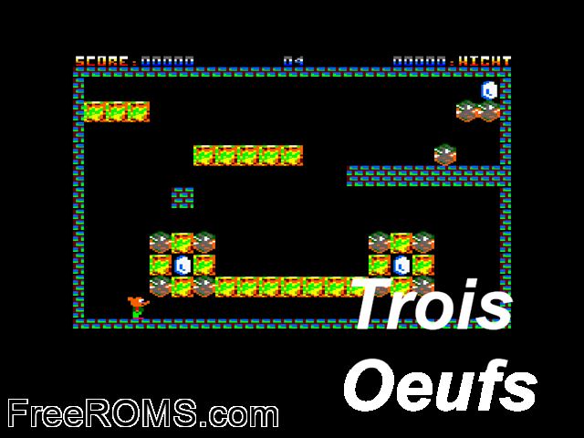 ZZZ_UNK_3OEUFS Amstrad CPC game showing 3D box cover and gameplay screenshot