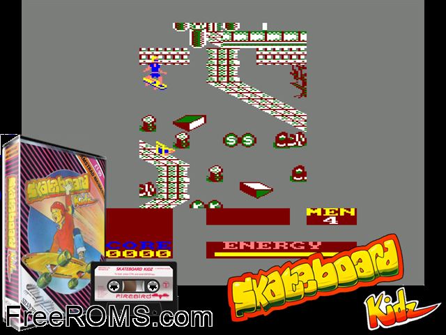 ZZZ_UNK_skatekdz Amstrad CPC game showing 3D box cover and gameplay screenshot