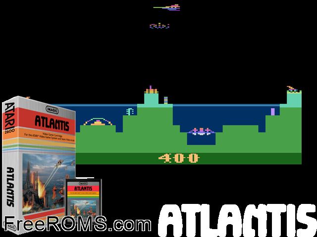 Atlantis Atari game showing 3D box cover and gameplay screenshot