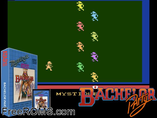 Bachelor Party Atari game showing 3D box cover and gameplay screenshot
