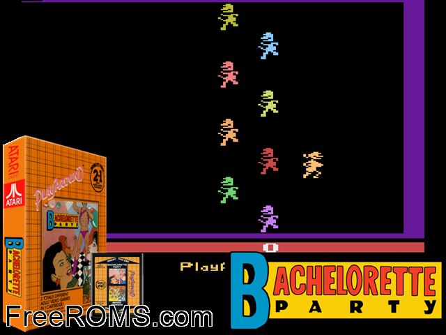 Bachelorette Party Atari game showing 3D box cover and gameplay screenshot