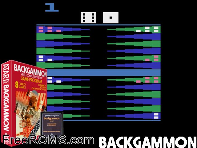 Backgammon Atari game showing 3D box cover and gameplay screenshot