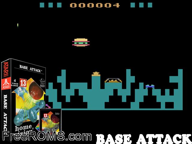 Base Attack Atari game showing 3D box cover and gameplay screenshot