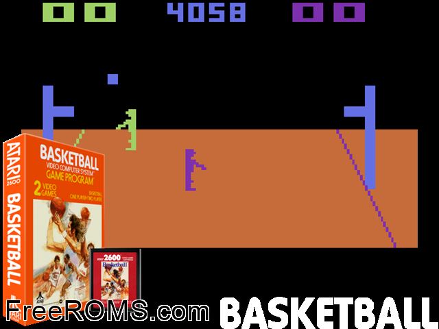 Basketball Atari game showing 3D box cover and gameplay screenshot