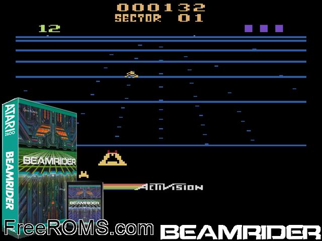 Beamrider Atari game showing 3D box cover and gameplay screenshot