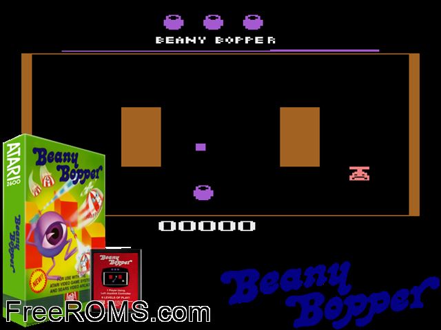 Beany Bopper Atari game showing 3D box cover and gameplay screenshot