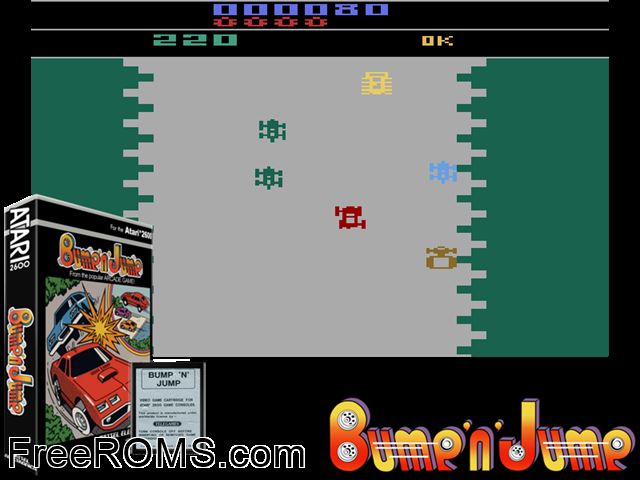 Bump 'N' Jump Atari game showing 3D box cover and gameplay screenshot