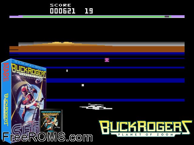 Buck Rogers-Planet of Zoom Atari game showing 3D box cover and gameplay screenshot