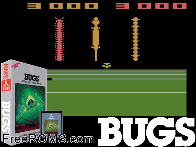 Bugs Atari game showing 3D box cover and gameplay screenshot