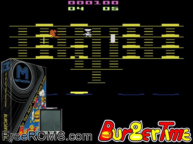 Burgertime Atari game showing 3D box cover and gameplay screenshot