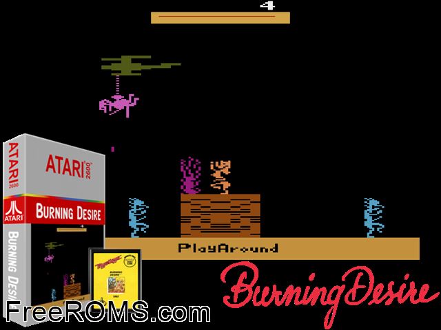Burning Desire Atari game showing 3D box cover and gameplay screenshot