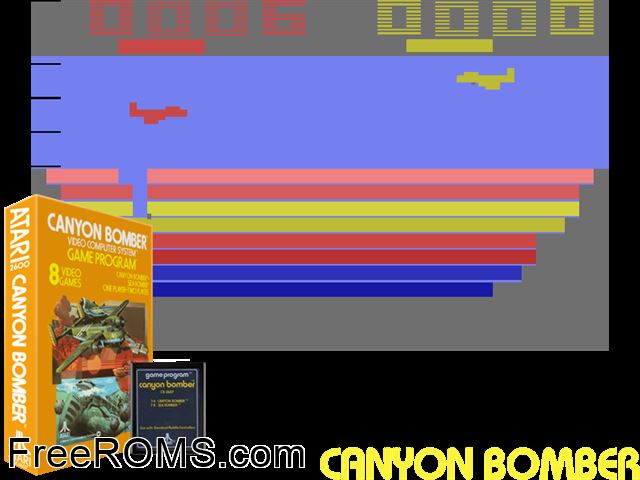 Canyon Bomber Atari game showing 3D box cover and gameplay screenshot