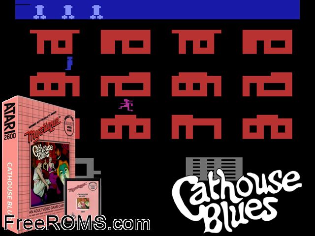 Cathouse Blues Atari game showing 3D box cover and gameplay screenshot