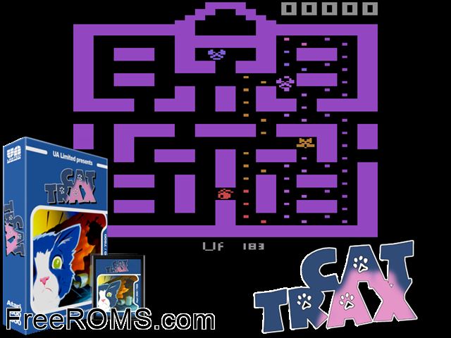 Cat Trax Atari game showing 3D box cover and gameplay screenshot