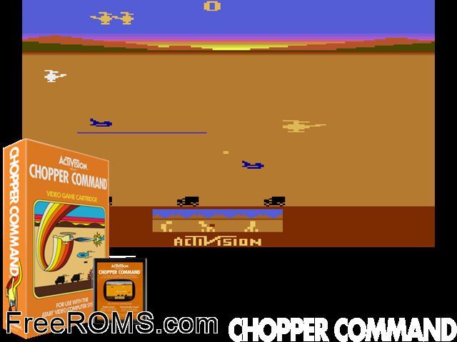 Chopper Command Atari game showing 3D box cover and gameplay screenshot