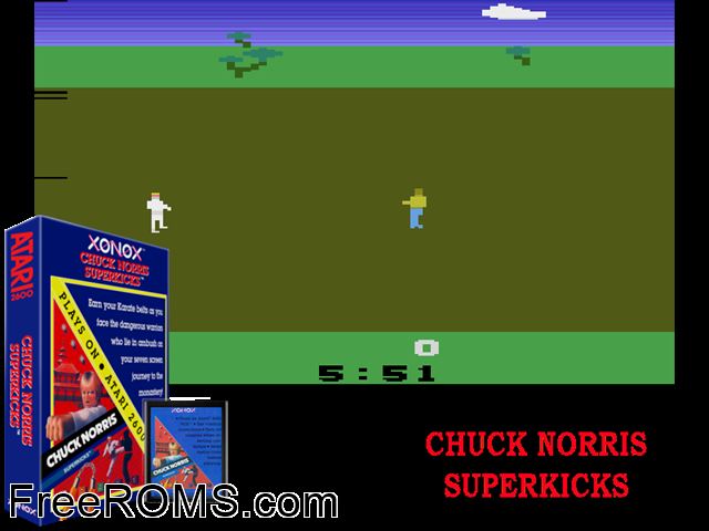 Chuck Norris Superkicks Atari game showing 3D box cover and gameplay screenshot