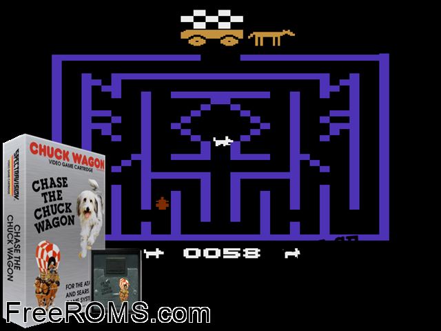 Chase The Chuckwagon Atari game showing 3D box cover and gameplay screenshot