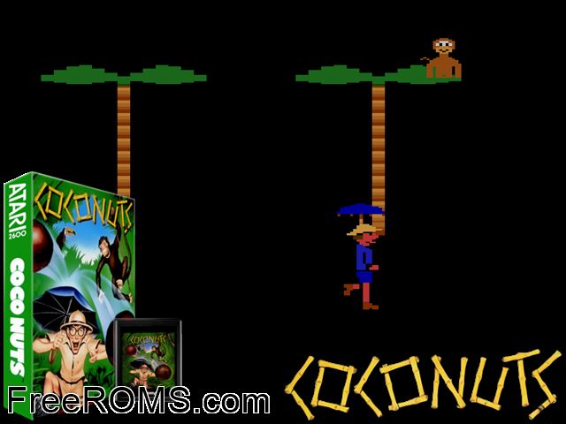 Coconuts Atari game showing 3D box cover and gameplay screenshot